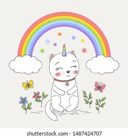 Cute unicorn cat with rainbow, clouds, flower, butterfly. Cartoon vector illustration