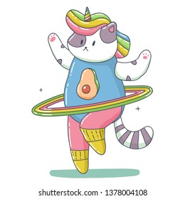 Cute unicorn cat with rainbow hula hoop doing fitness exerssise vector cartoon animal character isolated on a white background.