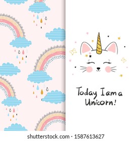 Cute unicorn cat with rainbow pattern. T-shirt design for kids, baby print.