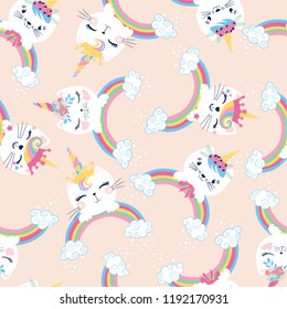 cute unicorn cat seamless pattern for kids fabrics, wallpapers.