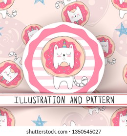 Cute unicorn cat - seamless pattern. Hand draw