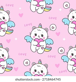 Cute Unicorn cat seamless pattern hug heart angel. Kawaii background Whimsical character.Gift wrapping paper.Perfect for kid t shirt design Birthday card.