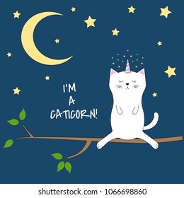 Cute unicorn cat sits at night on a tree. Graphics for t-shirts. Greeting card for children. Isolated objects on white background. Line drawing.