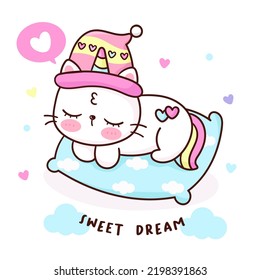 Cute Unicorn cat sleeping in bed. Series Happy Kitten Meow, Kawaii animal (Girly doodles). Perfect make a wish for baby shower girl, fairy tale book, Birthday party decoration, pattern, nursery wall.