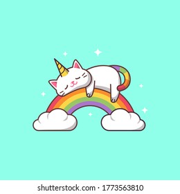 The Cute Unicorn Cat is Sleeping on a Rainbow