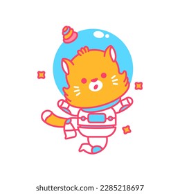 Cute unicorn cat in spacesuit in space vector cartoon character isolated on a white background.
