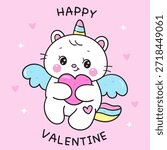 Cute Unicorn cat Valentines day couple Angel hug heart (Kitten playing). Kawaii Character Whimsical cartoon.Perfect for kid t shirt design Birthday card and logo café.