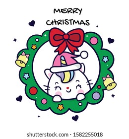 Cute Unicorn Cat Vector Christmas Character Cartoon Illustration Kawaii Animal Winter Merry X Mas Santa Hat Fancy Dress: Happy New Year Festival Snow Season: Perfect Kid Greeting Card, T-shirt Print.