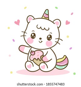 Cute Unicorn cat vector hoding ice cream with sweet candy pony cartoon sweet dessert yummy food: Series fairy tale characters kawaii animals horse (flat Girly doodles). Perfect Nursery children, kids.