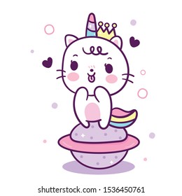 Cute Unicorn cat vector Kawaii animal astronaut cartoon on space pastel color sweet character (Illustration): Doodle Nursery decoration, hand drawn. Perfect for kid greeting card, Print t shirt.