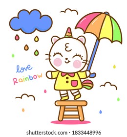 Cute unicornio vector gato con nube arco iris vector pony expresa caricatura de lluvia: Series personajes de cuento de hadas kawaii animales caballo (garabatos planos Girly). Niños de guardería, niños, tarjeta de saludo.