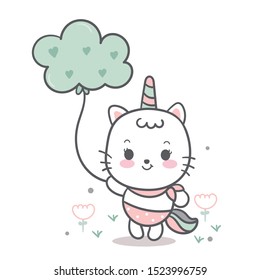 Cute Unicorn cat vector, sweet pony cartoon holding cloud, fairy animal, Kawaii Character: Illustration doodle art. Perfect for invitations, children books, fashion, banners and greeting cards, baby.