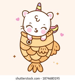 Cute unicorn cat vector taiyaki fish cake Kawaii bakery shop logo cartoon for kid dessert homemade food: Series Sweet Chef cooking, Girly doodle. Magic character on white background illustration.