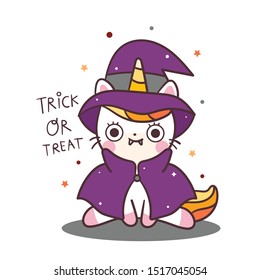 Cute Unicorn cat witch halloween with Dracula teeth vector kawaii cartoon trick or treat October festival holiday dark night, Fancy dress, Doodle Nursery decoration, hand drawn character. Perfect for child.