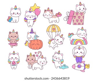 Cute unicorn cats animal fantasy characters girly doodles for birthday party, Halloween, baby shower greeting card. Fairytale baby pet happy kitten mascot with single horn vector illustration