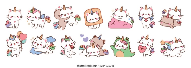 Cute unicorn cats  Funny color fairy animals and rainbow tails  baby adorable kittens sleeping  playing   cuddling  kawaii pets  cartoon stickers collection  tidy vector set