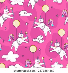 Cute de gatos unicornios colgando de un patrón sin fisuras del vector de globos