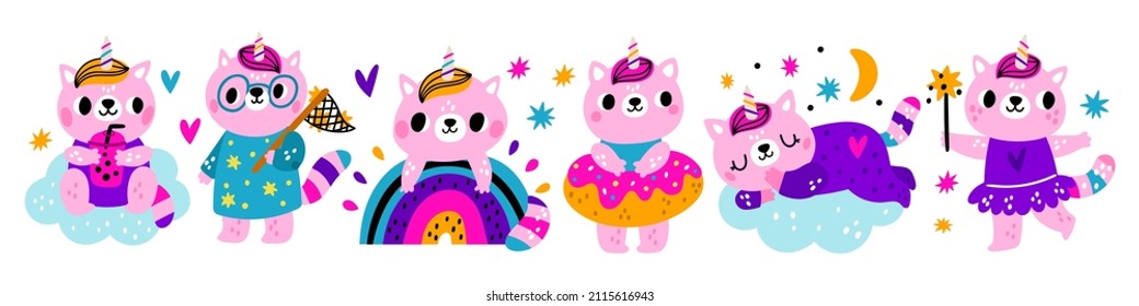 Cute unicorn cats. Little pink kittens. Magical animals with multicolored horns. Magic wand and rainbow. Kawaii characters sleep on clouds or swim with rings. Vector