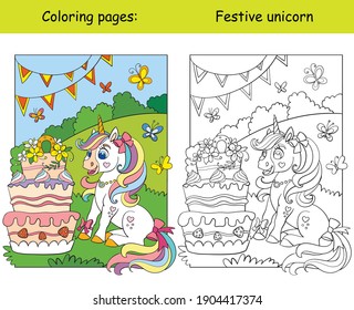 Cute unicorn celebrating a birthday wih big cake. Coloring book page wih colored template. Vector cartoon illustration isolated on white background. For coloring book, preschool education, print, game
