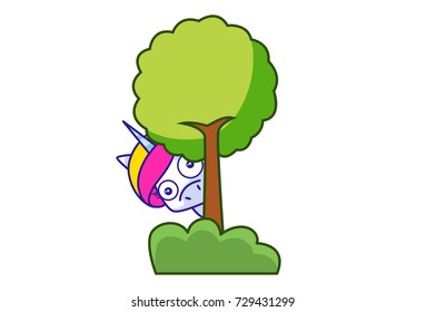 Cute Unicorn Character behind the tree.Vector Illustration. Isolated on white background.