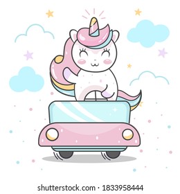 Cute unicorn character cartoon driving a car, graphic design vector eps file