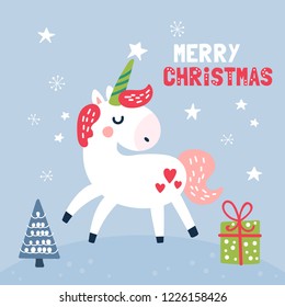 Cute unicorn character Christmas card. Childish print for t-shirt, apparel, cards and nursery decoration. Vector Illustration