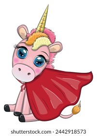 Cute unicorn character with cloak as super hero. Cartoon design illustration