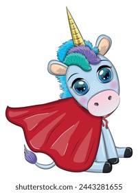 Cute unicorn character with cloak as super hero. Cartoon design illustration