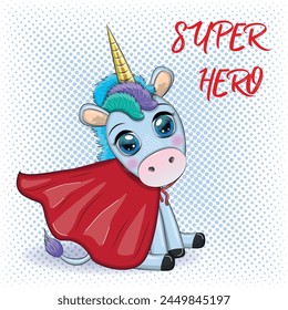 Cute unicorn character with cloak as super hero. Cartoon design illustration