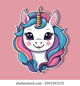 Cute unicorn character with colorful mane and sparkling eyes on a pink background