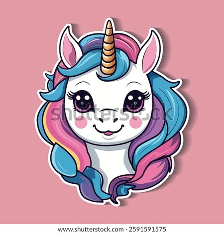 Cute unicorn character with colorful mane and sparkling eyes on a pink background