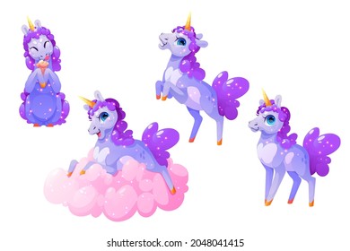 Cute unicorn character in different poses isolated on white background. Vector set of cartoon funny magic horse with golden horn and purple mane eat ice cream, smile and lay on pink cloud