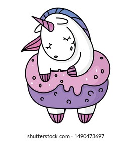 cute unicorn character, donut shaped lifebuoy. Print for baby clothes. Vector 