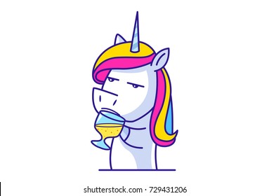 Cute Unicorn Character drinking.Vector Illustration. Isolated on white background.