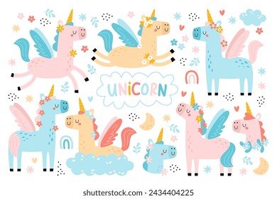 Lindo personaje unicornio divertida criatura mitológica y mágica de cuento de hadas de diseño de animales aislados en blanco. Fantástica mascota de pony bonito con un solo cuerno en la cabeza ilustración vectorial