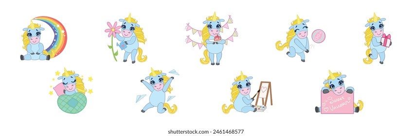 Cute Unicorn Character with Golden Mane and Twisted Horn Vector Set