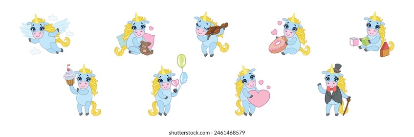 Cute Unicorn Character with Golden Mane and Twisted Horn Vector Set