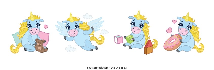 Cute Unicorn Character with Golden Mane and Twisted Horn Vector Set