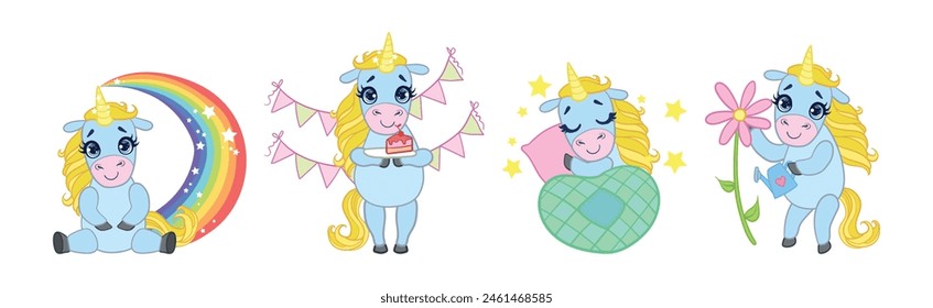 Cute Unicorn Character with Golden Mane and Twisted Horn Vector Set