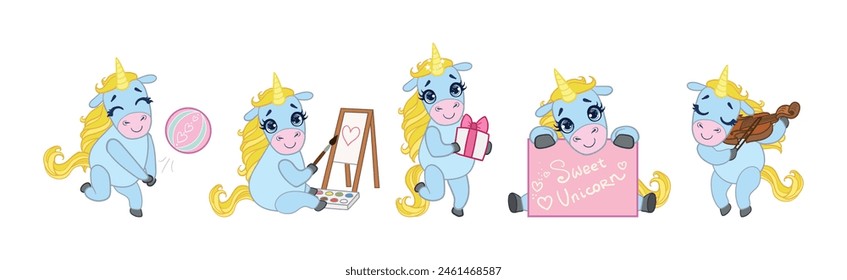 Cute Unicorn Character with Golden Mane and Twisted Horn Vector Set