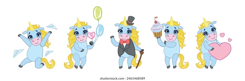 Cute Unicorn Character with Golden Mane and Twisted Horn Vector Set