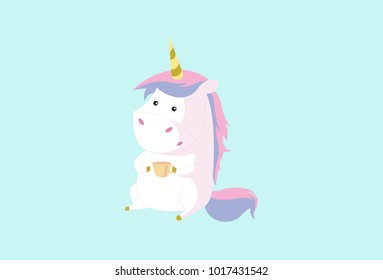 Cute Unicorn Character having a cup of tea. vector Illustration. Isolated on a colored background.
