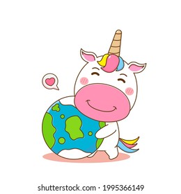 Cute unicorn character holding the earth. Cartoon design illustration isolated white background.