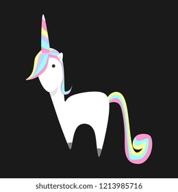 Cute unicorn character isolated on dark background. Vector illustration children theme.