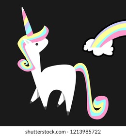 Cute unicorn character isolated on dark background. Vector illustration children theme.