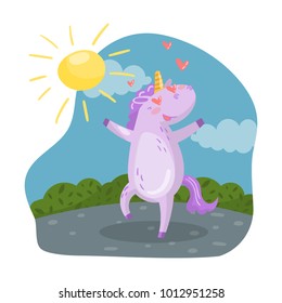 Cute unicorn character in love with hearts in its eyes having fun in summer day, In love vector Illustration in cartoon style