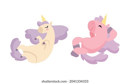 Cute Unicorn Character with Pointed Spiraling Horn and Purple Mane Sleeping Lying on Its Back Vector Set