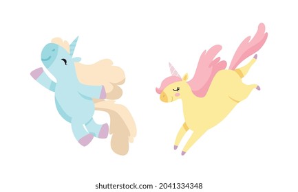 Cute Unicorn Character with Pointed Spiraling Horn and Mane Jumping Vector Set