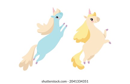 Cute Unicorn Character with Pointed Spiraling Horn and Mane Jumping Vector Set