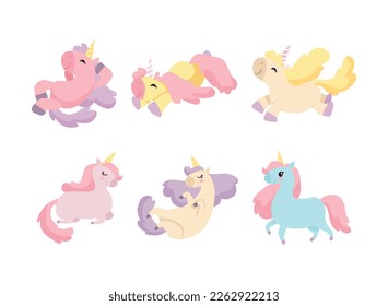 Cute Unicorn Character with Pointed Spiraling Horn and Colorful Mane Vector Set